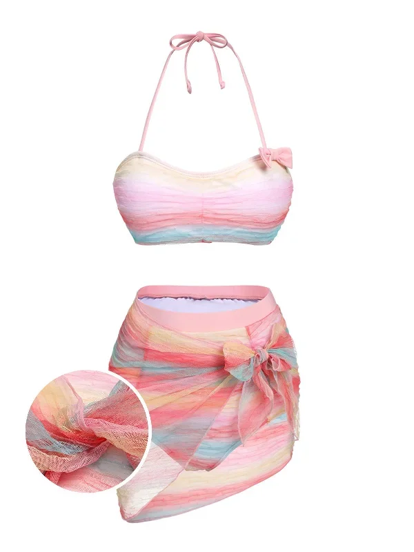 [Pre-Sale] 2PCS Multicolor 1960s Rainbow Mesh Bow Swimsuit & Cover-Up