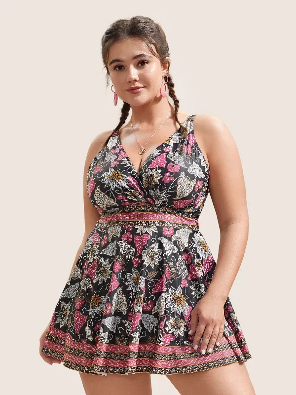 Bandana Print Overlap Collar Swim Dress