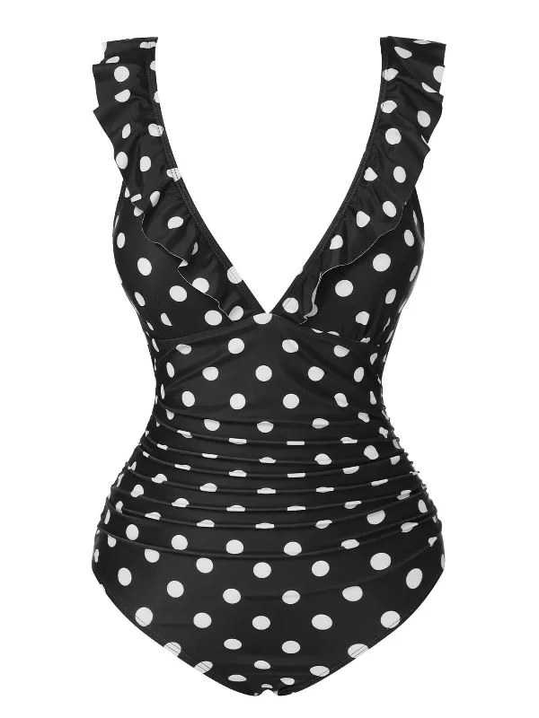 Black 1950s Polka Dot Ruffle V-Neck Swimsuit