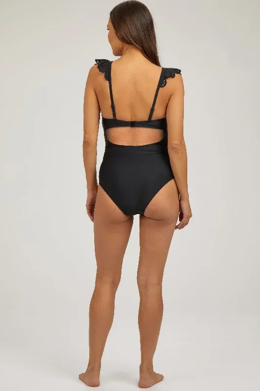 black-lasercut-detail-ruffle-trim-one-piece-maternity-swimsuit