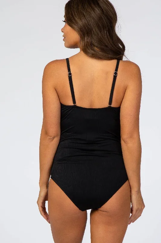 black-ribbed-snap-front-one-piece-maternity-swimsuit