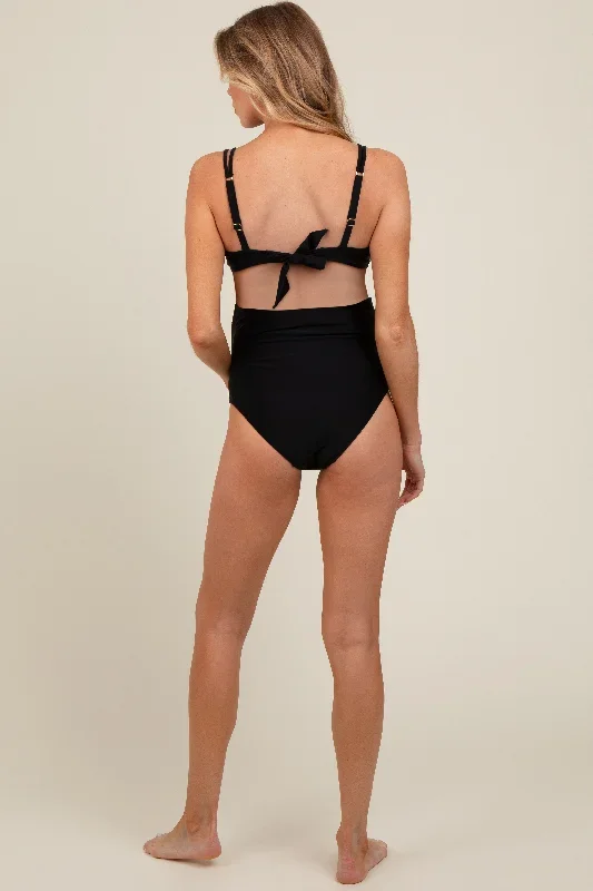 black-scalloped-v-neck-high-waist-two-piece-maternity-swimsuit