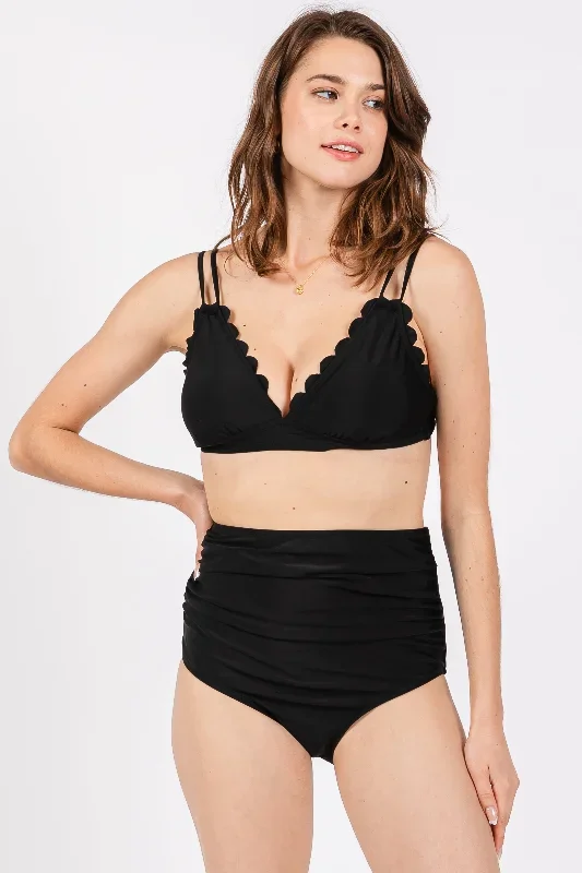 black-scalloped-v-neck-high-waist-two-piece-maternity-swimsuit