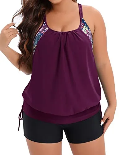 Blouson Tankini Top & Boy Shorts Plus Size Two Piece Swimsuit For Women-Wine Red Leaves