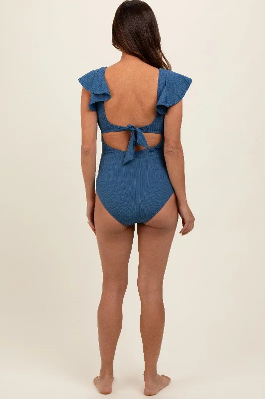 blue-ribbed-ruched-cutout-flutter-one-piece-maternity-swimsuit