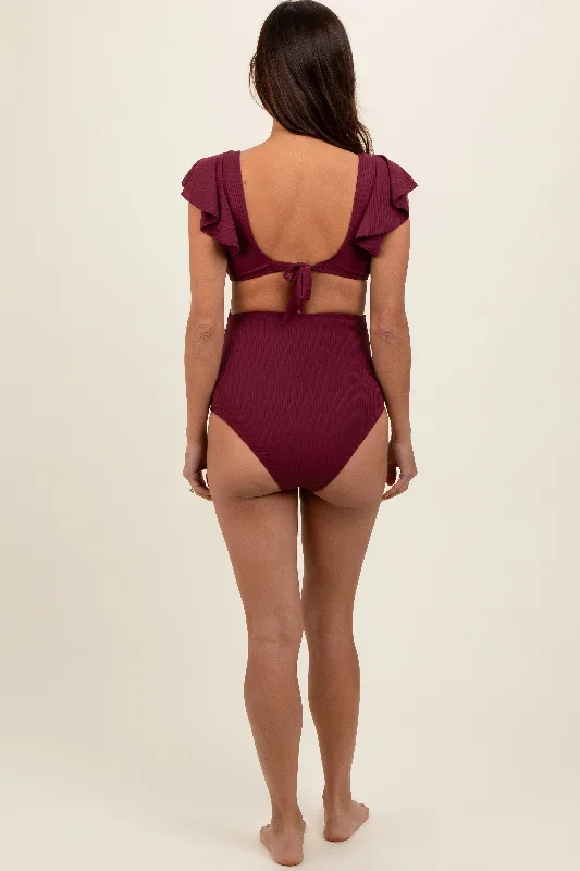 burgundy-ribbed-ruffle-shoulder-front-tie-high-waist-two-piece-maternity-swimsuit