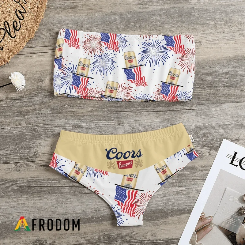 Coors Banquet American Flag Fireworks Strapless Bandeau Bikini Swimsuit