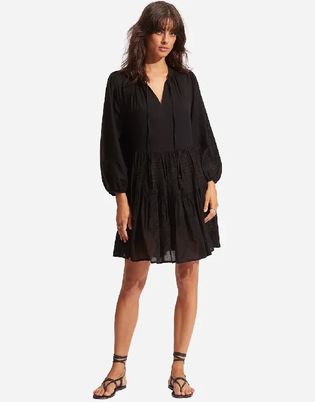 Corsica Embroidery Tier Dress - Black