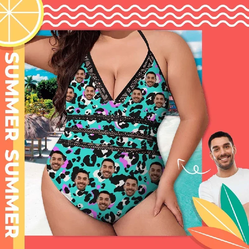 Plus Size Custom Face Blue Markings Swimsuit Personalized Women's New Strap One Piece Bathing Suit Holiday Party For Her