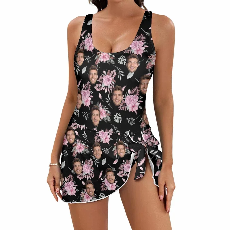 custom-face-floral-pattern-womens-one-piece-skirted-swimsuit-black