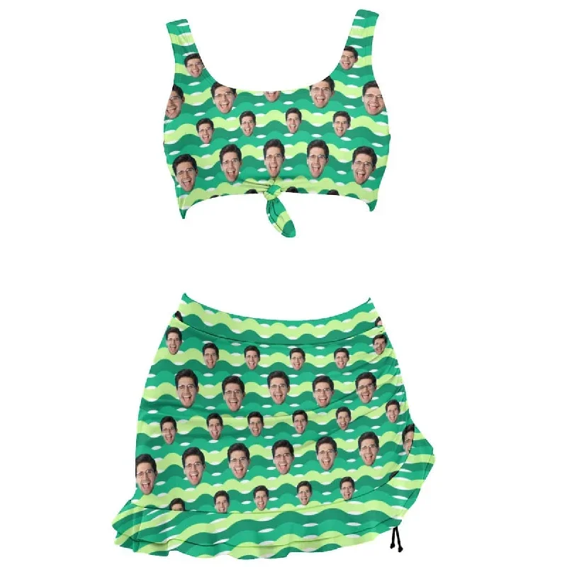 custom-face-green-bikini-set-personalized-drawstring-chest-strap-bikini-skirt