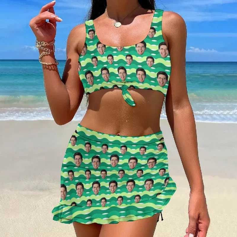 custom-face-green-bikini-set-personalized-drawstring-chest-strap-bikini-skirt