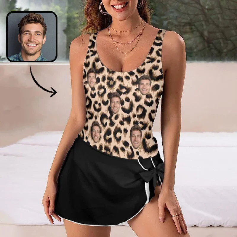 Custom Face Leopard Pattern Top Women's One Piece Skirted Swimsuit