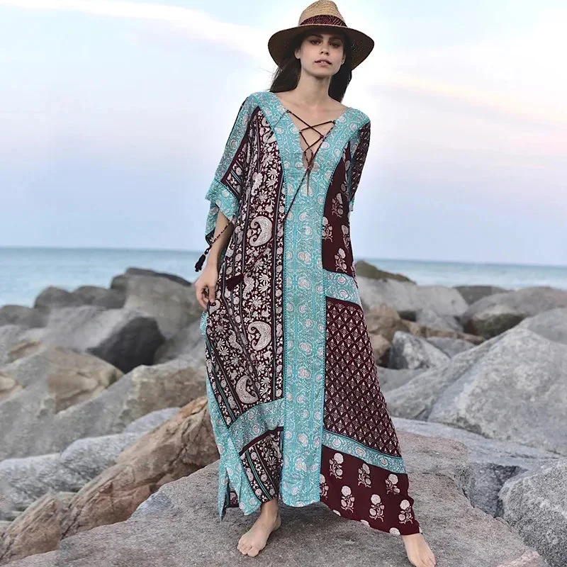 FashionSierra-Cotton Floral Print  Smock Frock  Swim Bikini Cover Up  Women  Vintage  Beach  Oversize  Summer  Long  2024  Maxi  Robe Boho Dress