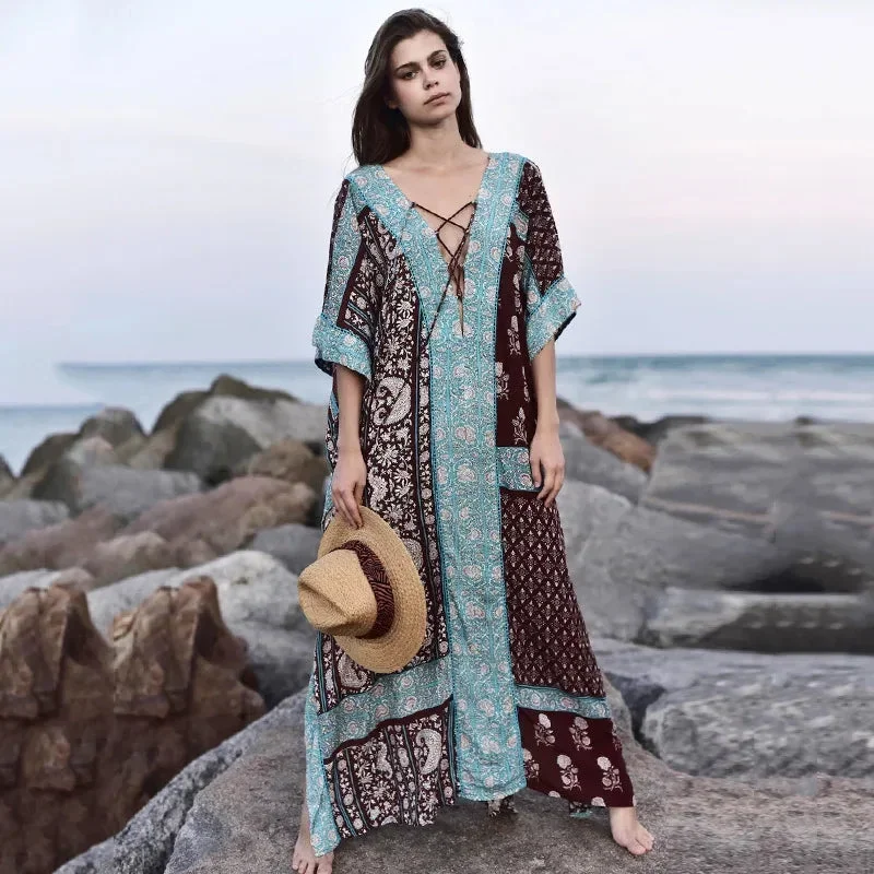 fashionsierra-cotton-floral-print-smock-frock-swim-bikini-cover-up-women-vintage-beach-oversize-summer-long-2024-maxi-robe-boho-dress