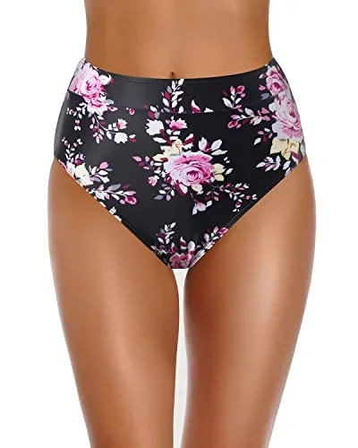 High Cut Solid Color Bikini Bottom To Match Swimsuit Tops-Black And Pink Floral