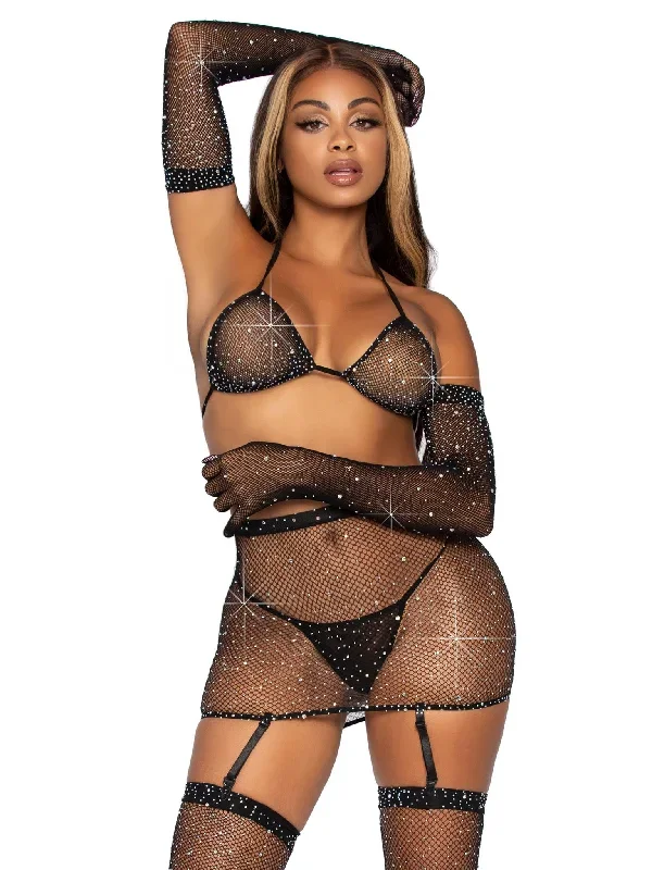 Five Piece Rhinestone Bikini Top G-String Garter Skirt Gloves and Stockings