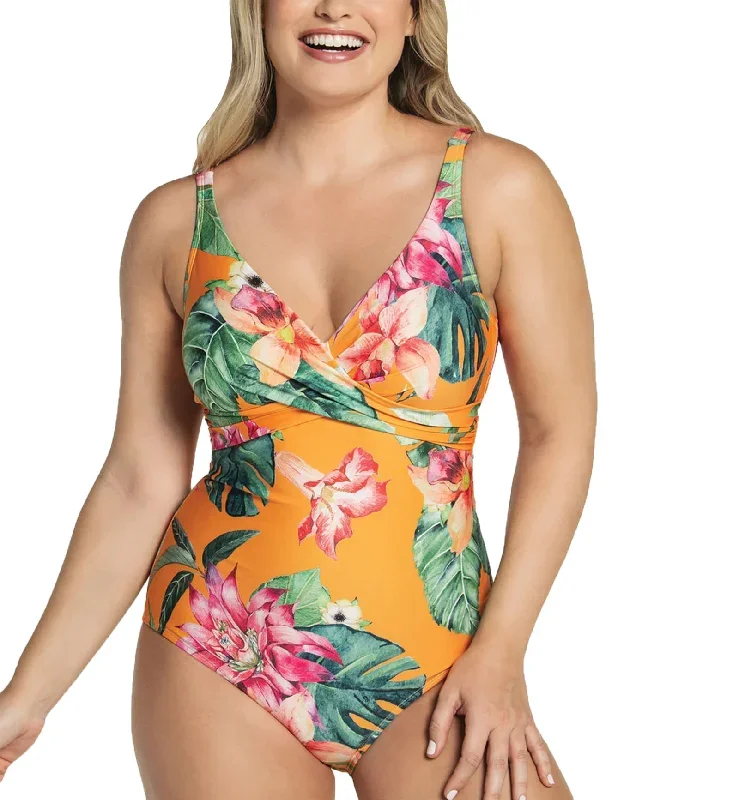 Leonisa Eco-Friendly Low Back One Piece Slimming Swimsuit (19A071P)- Orange Leaves Print