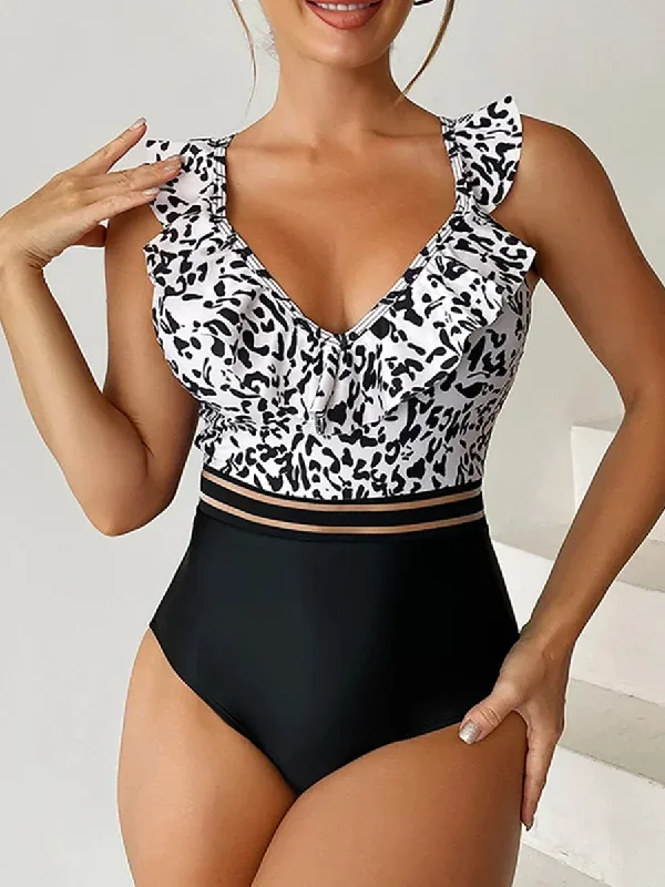 FashionSierra - 2024 Leopard Mesh-Tape V-Neck Basic Swimsuits