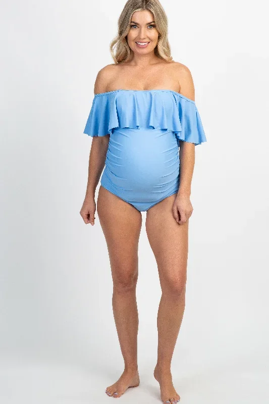 light-blue-ruffle-trim-ruched-one-piece-maternity-swimsuit