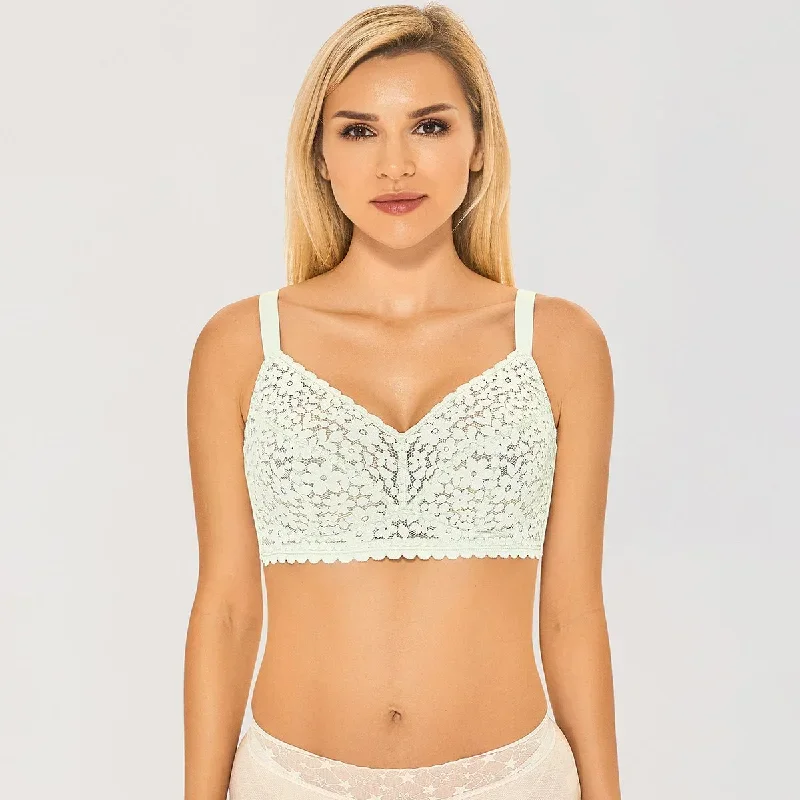 Long-day Wearing Minimizer Unlined Wireless Floral Lace Green Bra