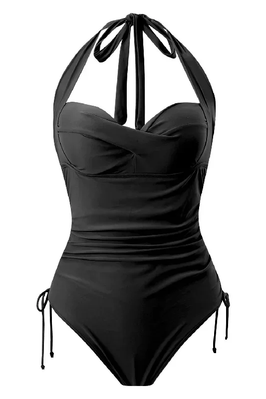 maillot-de-bain-noir-a-col-rond-halter-one-piece-avec-cordon-de-serrage