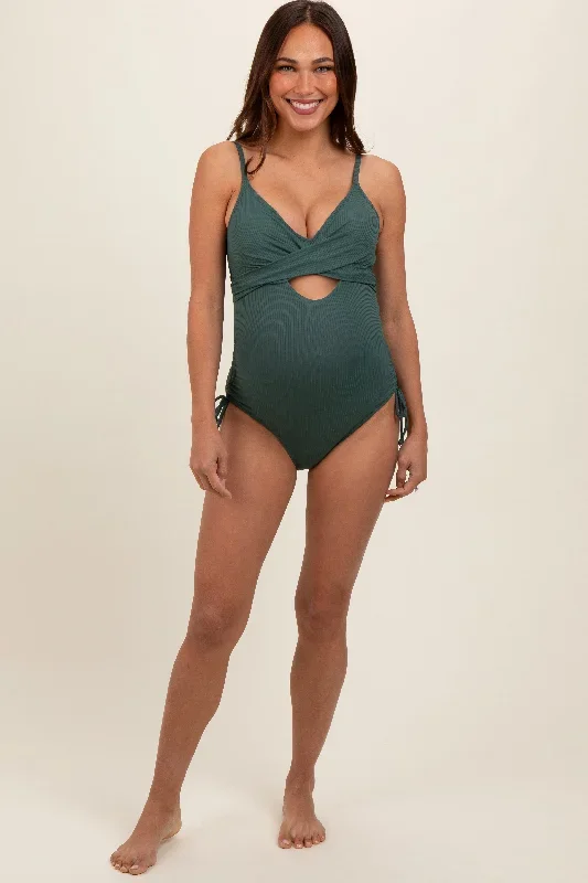 olive-ribbed-wrap-front-drawstring-side-maternity-one-piece-swimsuit