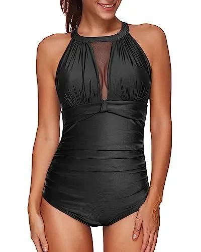 One Piece High Neck Swimsuit Halter Mesh Swimwear