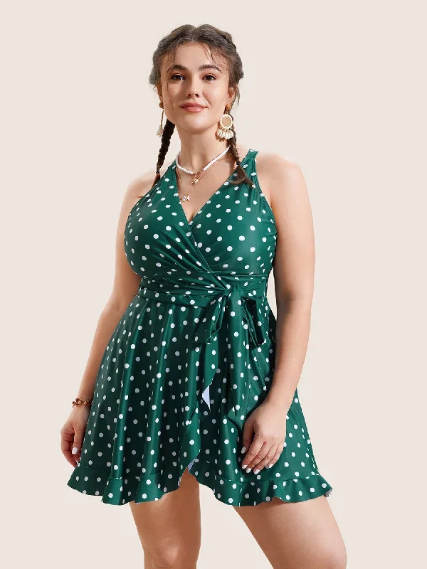 Overlap Collar Polka Dot Tie Knot Ruffles Swim Dress