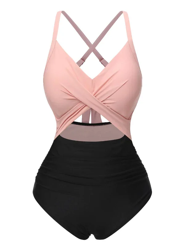 Pink & Black 1940s Hollow Waist Patchwork Swimsuit