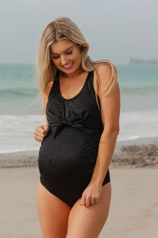 pinkblush-black-ribbed-front-knot-one-piece-maternity-swimsuit