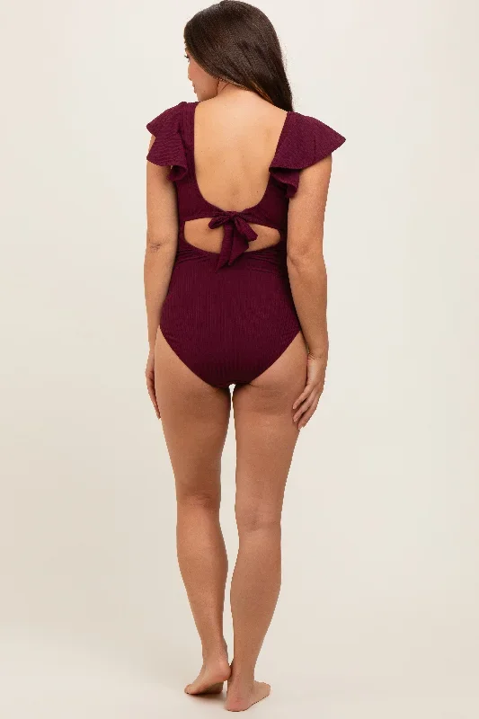 plum-ribbed-ruched-cutout-flutter-one-piece-maternity-swimsuit