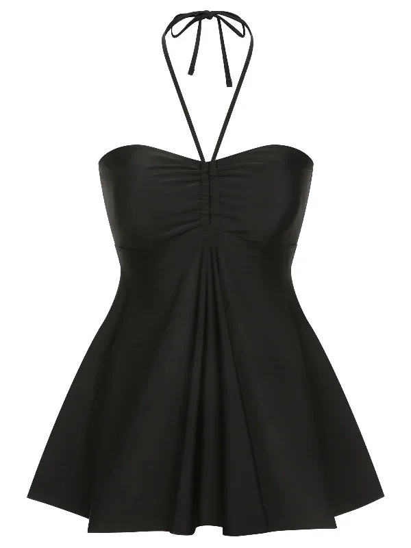 [Plus Size] Black 1940s Solid Bandeau Halter Skirt Swimsuit