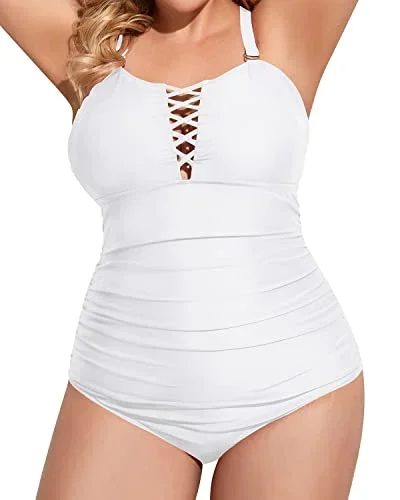 Plus Size One Piece Swimsuits V Neck Tummy Control Bathing Suits Lace Up Swimwear