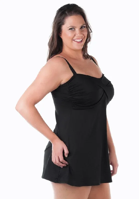 Classic Black Twisted Front Plus Size Swimdress with Padded Bra