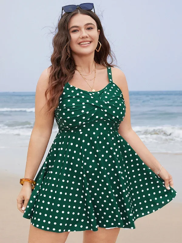 Polka Dot Crossover Ruched Flutter Hem Swim Dress