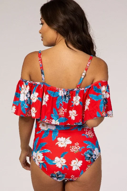 red-floral-ruffle-trim-ruched-one-piece-maternity-swimsuit