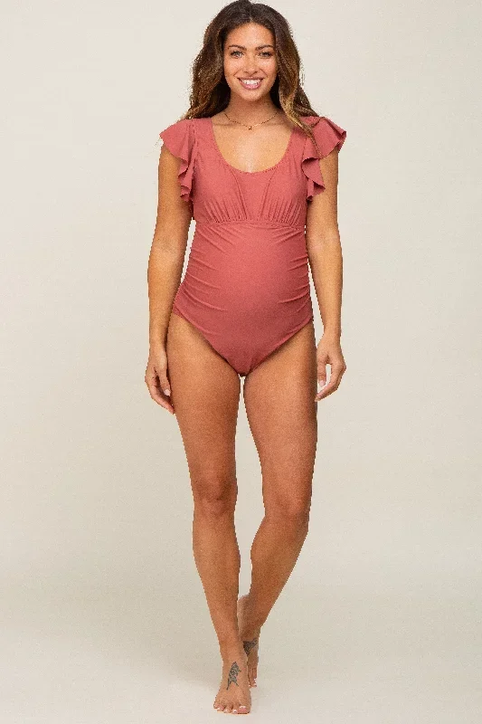 rust-ruffle-shoulder-pleated-side-maternity-one-piece-swimsuit