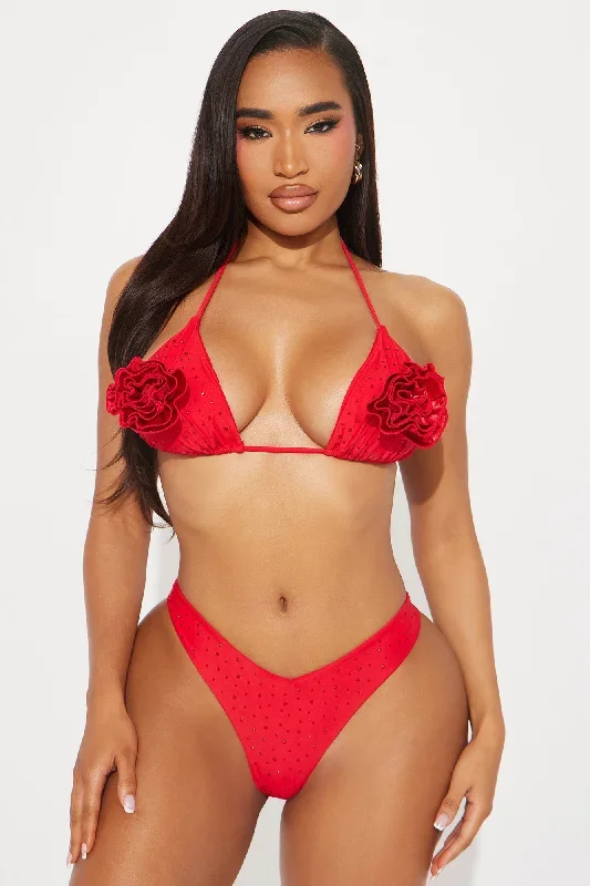 Selenia Rhinestone Rosette 2 Piece Bikini Sunsuit - Red