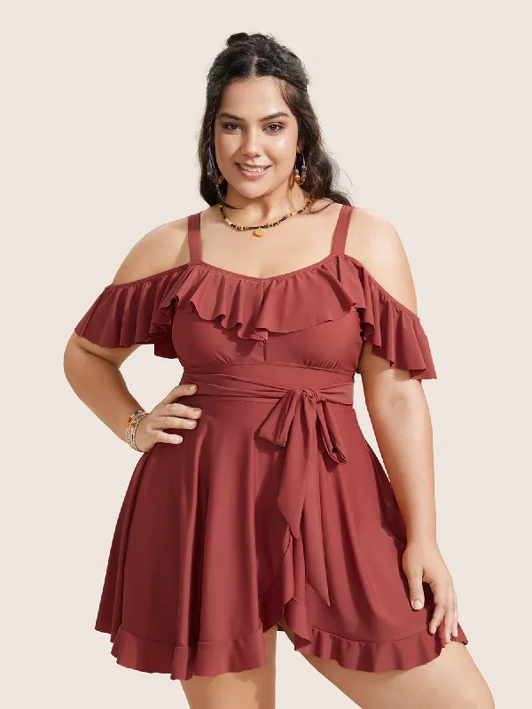 Solid Cold Shoulder Ruffles Tie Knot Swim Dress