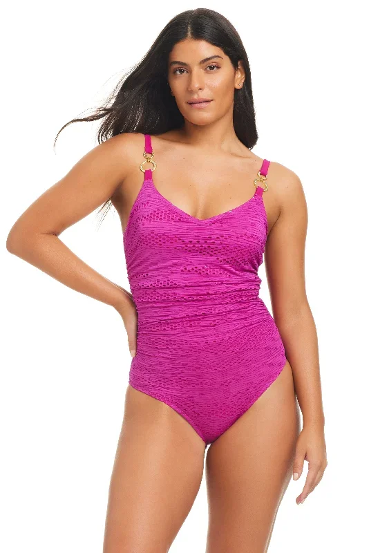 Beyond Tummy Control Textured Solids Novelty Ring One-Piece Swimsuit