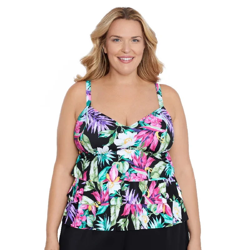 Women's Tankini Swim Top Plus - Triple Tier Ruffle - Mystic Tropic