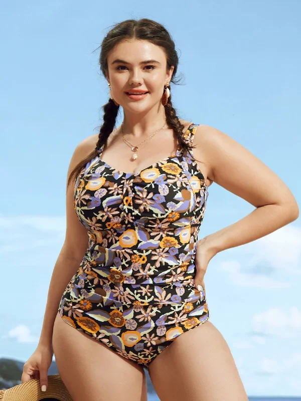 Tropical Print Heart Neckline One Piece Swimsuit