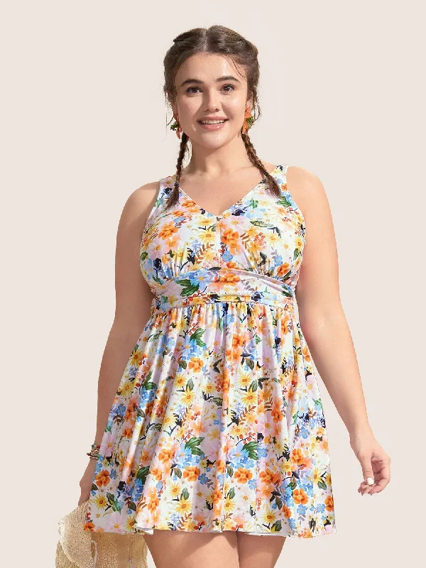 V Neck Floral Print Gathered Swim Dress