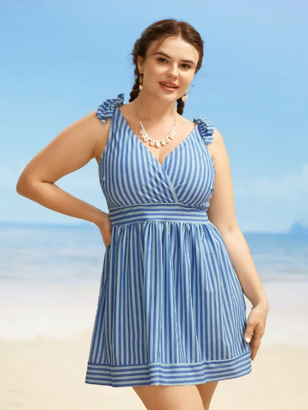 V Neck Striped Tie Knot Gathered Swim Dress