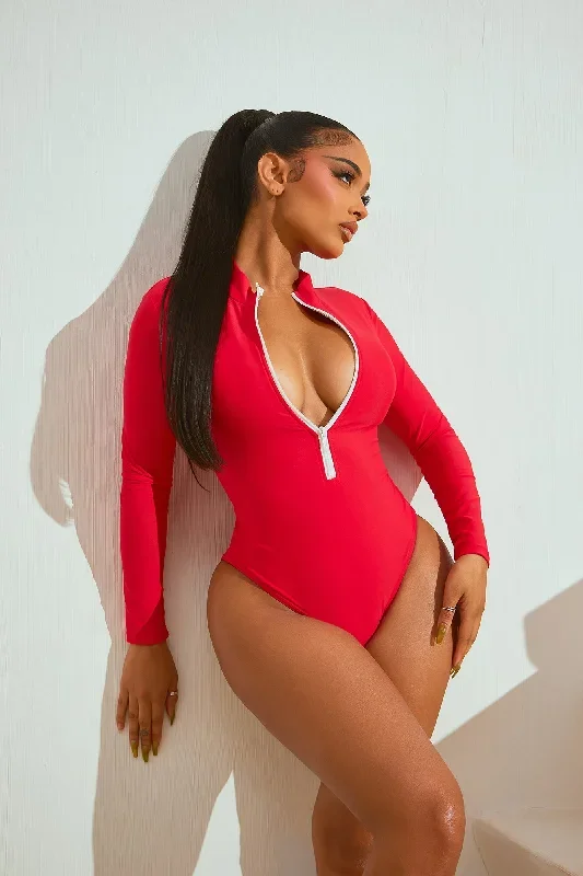 Water Sports Long Sleeve One Piece Swimsuit - Red