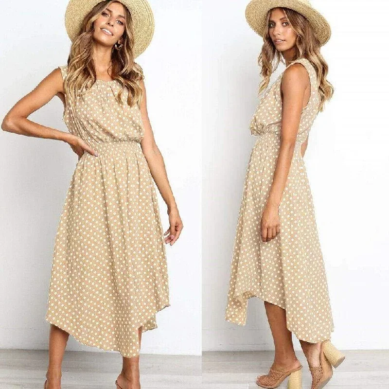 FashionSierra - Women Boho Sleeveless Midi Dress Polka Dot Fashion Summer Party High Waist O-Neck Holiday Beach Dress Sundress