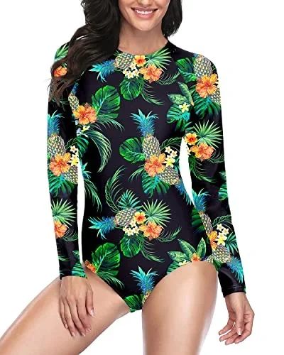 Womens Zipper Surfing Swimsuit Upf 50 Rash Guard Long Sleeve Swimsuit-Black Pineapple