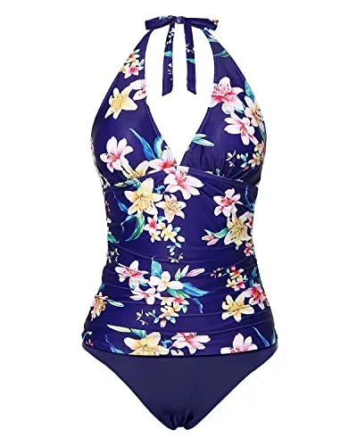 Two Piece Plump Breasts Tankini Swimsuit For Women-Blue Colorful Flower