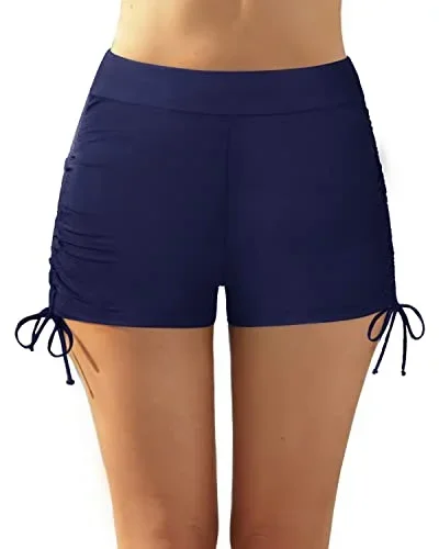 Ruched Bathing Suit Shorts Tummy Control Swim Shorts For Women Swimwear-Navy Blue